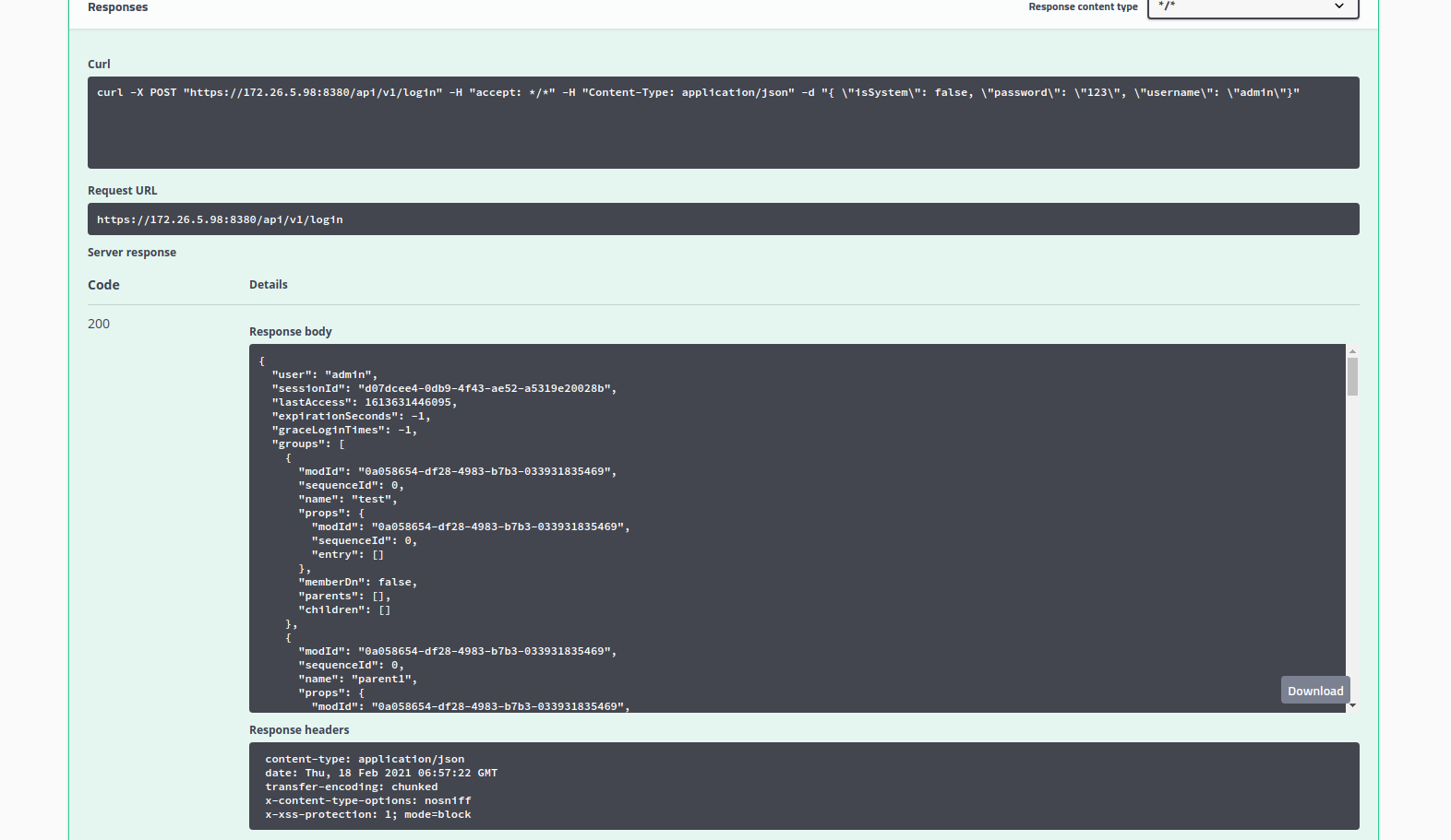 swagger login api response